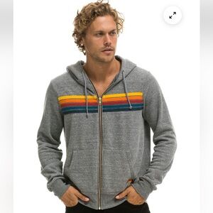 Aviator Nation 5 Stripe Zip Hoodie Heather Grey-Size Small